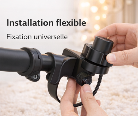 Fixation simple et rapide du dispositif sur poussette ou nacelle